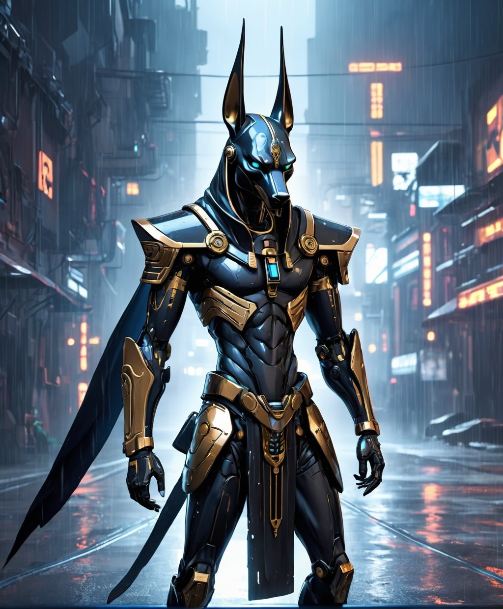 Anubis as a very angry and fed up cyberpunk antihero, A  cyborg  stood on the raining, looking moody and thoughtful, Look thinner, electronic circuitry, 16k, high detail,cyborg style,mecha,cyberpunk style