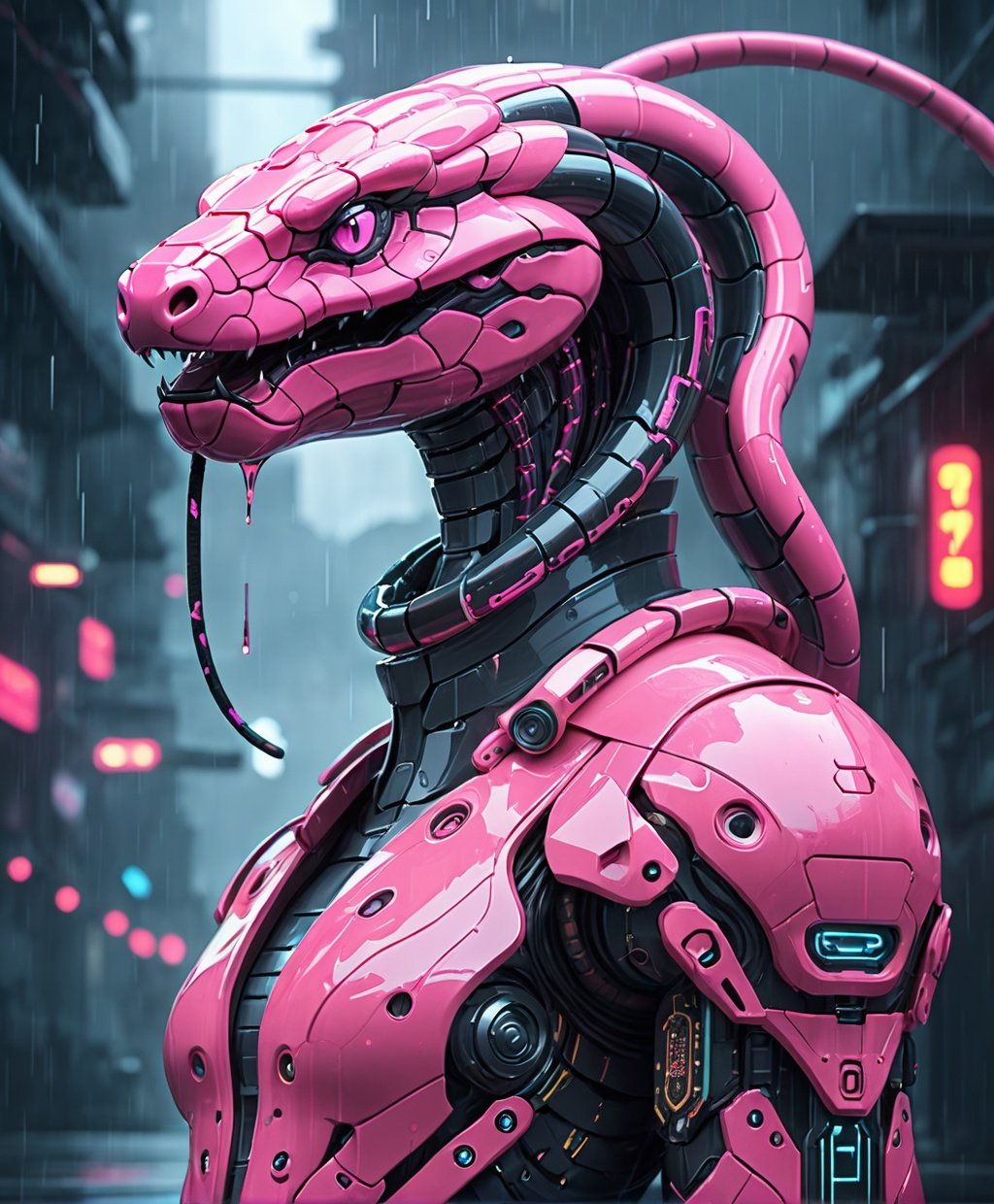 A pink cyborg snake stood on the raining, looking moody and thoughtful, Look thinner, electronic circuitry, 16k, high detail,cyborg style,mecha,cyberpunk style