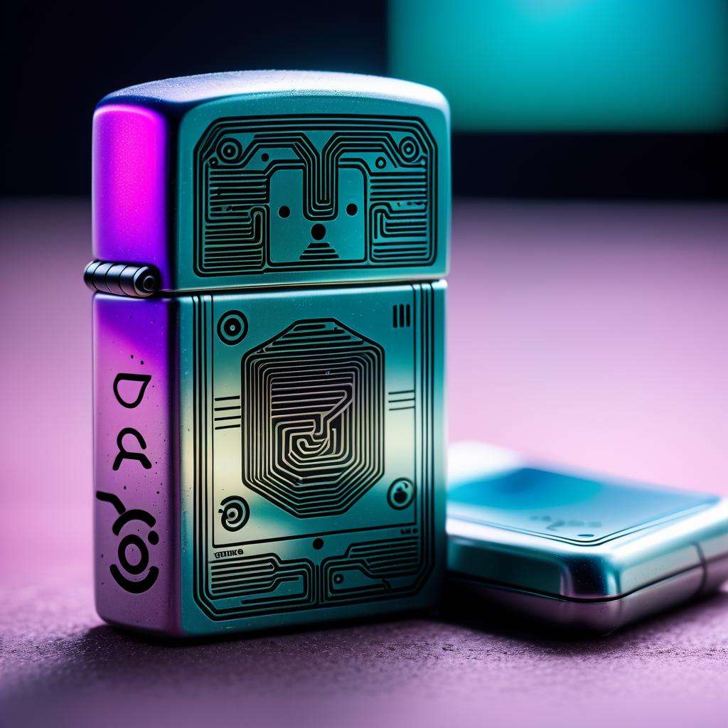 product photography , a zippo, Vast , Robo-pet ,Mind interface , Mind-bending ,  Glimmering , Grungy , Mind control , Astral projection , cyberpunk<lora:zippo:1.0>