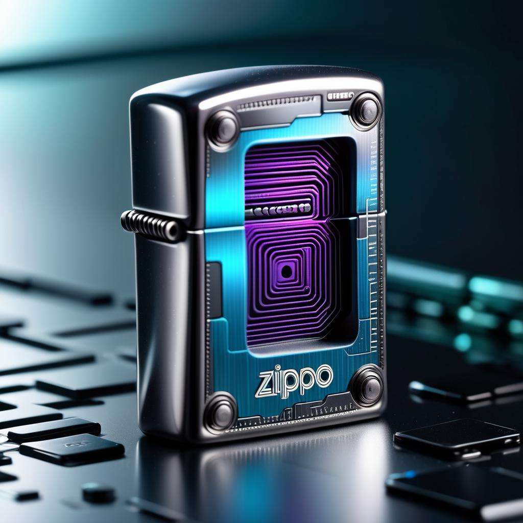 product photography , a zippo, Cybernetic , Robot mechanic ,Quantum waveform , Techno-dazzle ,  Grime , Electric , Time traveler , Time dilation , cyberpunk<lora:zippo:1.0>