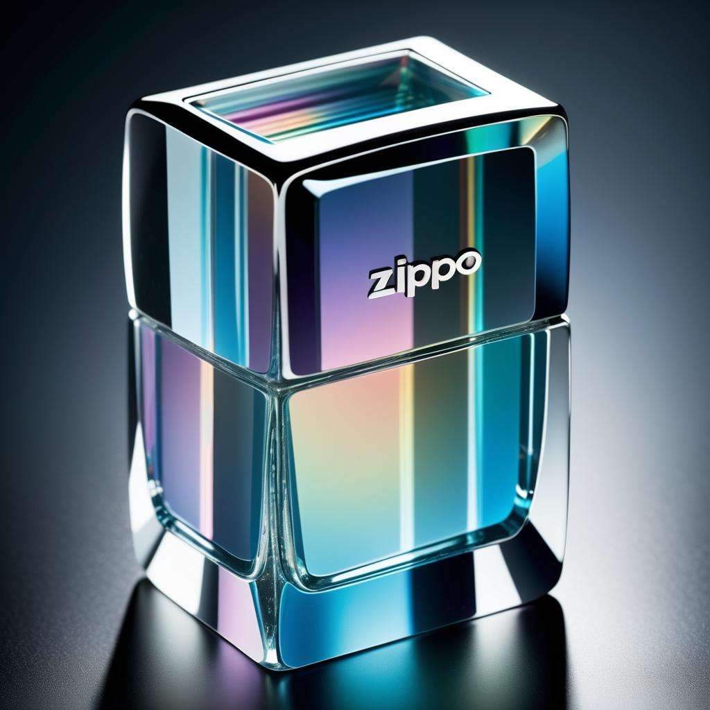 product photography , A Zippo encased in a crystalline cube, capturing beams of refracted light that create a mesmerizing display, crystalline cube:0.9, refracted light:0.8, mesmerizing display:0.7. <lora:zippo:1.0>