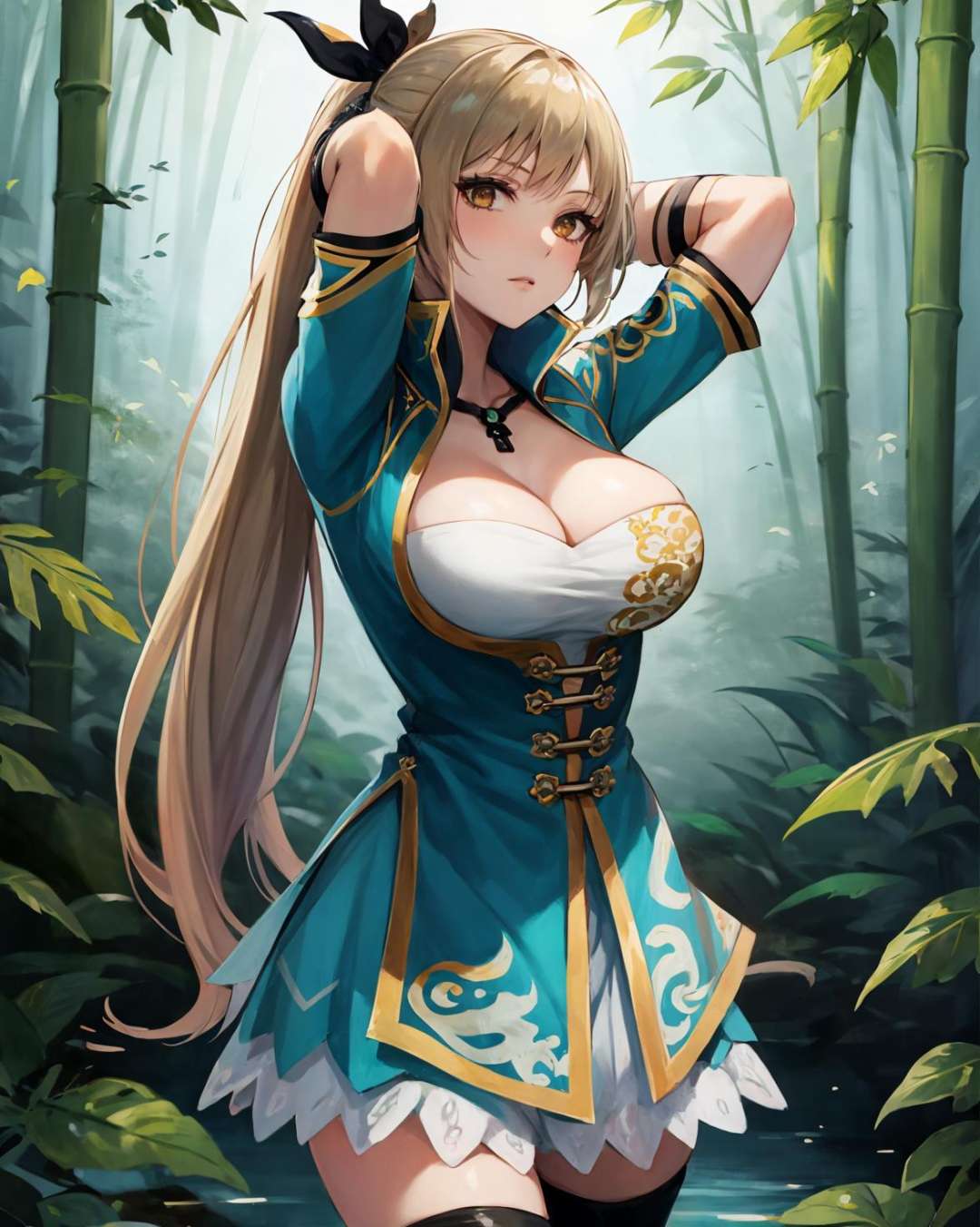 best quality, (masterpiece:1.2), illustration, absurdres,(1girl, solo), (beautiful detailed girl),<lora:WangYuanjiDW8:0.9>, Wang Yuanji, blonde hair, ponytail, brown eyes, large breasts,aqua dress,  ornate dress, cleavage, aqua skirt, black thigh boots, thighhigh boots, high heels,looking at viewer, calm, relaxed,in bamboo forest, chinese architecture, stream,((arms behind head)), (upper body, portrait),