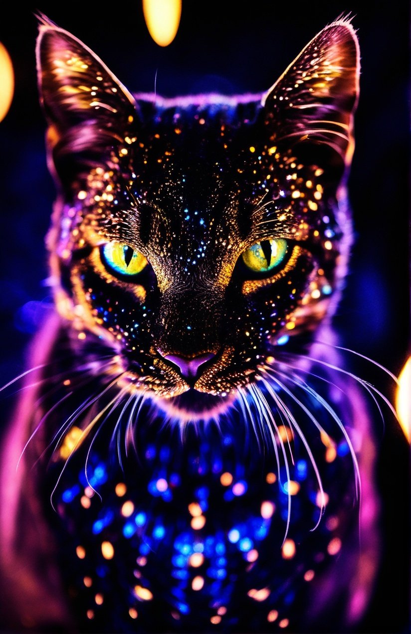 Portrait photo of kitty cat with blacklight makeup, fierce eyes, light bokeh, intricate, (steel metal (rust)-)+, elegant, sharp focus, photo by greg rutkowski, soft lighting, vibrant colors, masterpiece, (streets)++, detailed face <lora:blacklight_makeup_v1:1>