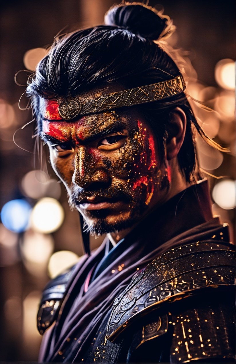 Portrait photo of samurai with blacklight makeup in yoroi tameshi gusoku armour, light bokeh, intricate, (steel metal (rust)-)+, elegant, sharp focus, photo by greg rutkowski, soft lighting, vibrant colors, masterpiece, (streets)++, detailed face <lora:blacklight_makeup_v1:1>
