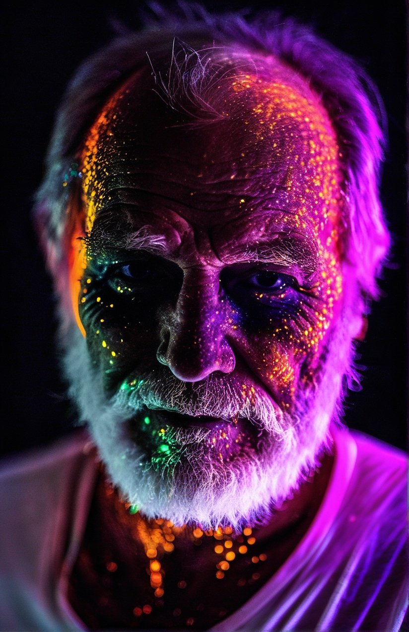 70y old man with blacklight makeup in the dark, photograph, soft lighting, hyper detailed, white shirt, head to shoulder portrait, glowing eyes, thick beard <lora:blacklight_makeup_v1:1>