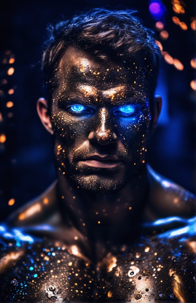 Portrait photo of muscular guy with blacklight makeup in a worn mech suit, light bokeh, intricate, (steel metal (rust)-)+, elegant, sharp focus, photo by greg rutkowski, soft lighting, vibrant colors, masterpiece, (streets)++, detailed face <lora:blacklight_makeup_v1:1>