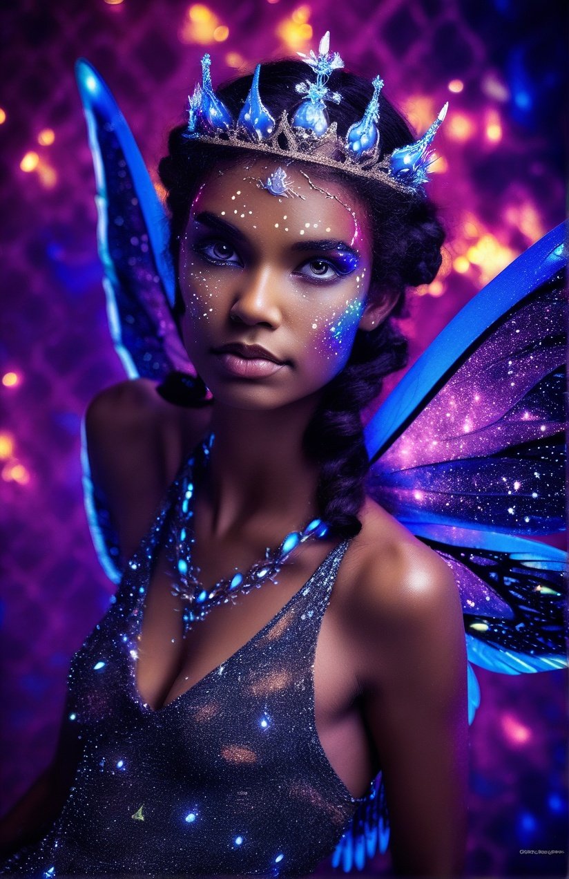Portrait photo of fairy queen with blacklight makeup, wings, light bokeh, intricate, sparkles, elegant, sharp focus, photo by greg rutkowski, soft lighting, vibrant colors, masterpiece, clouds, detailed face <lora:blacklight_makeup_v1:1>