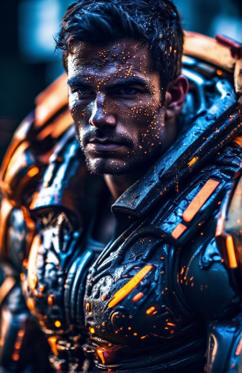 Portrait photo of muscular guy with blacklight makeup in a worn mech suit, light bokeh, intricate, (steel metal (rust)-)+, elegant, sharp focus, photo by greg rutkowski, soft lighting, vibrant colors, masterpiece, (streets)++, detailed face <lora:blacklight_makeup_v1:1>