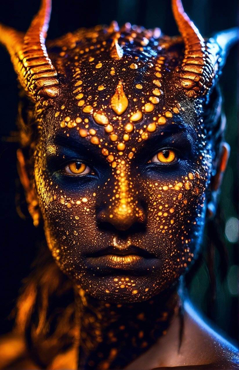 Portrait photo of dragon with blacklight makeup, fierce eyes, light bokeh, intricate, (steel metal (rust)-)+, elegant, sharp focus, photo by greg rutkowski, soft lighting, vibrant colors, masterpiece, (streets)++, detailed face <lora:blacklight_makeup_v1:1>