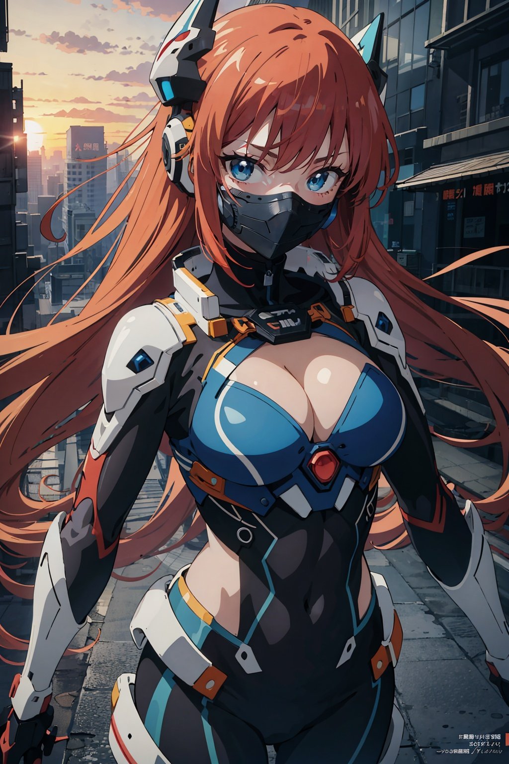 (masterpiece), (anime style, lineart:1.5), best quality, raw photo, 1girl, red hair, blue eyes, bodysuit,abs, cleavage, intricate mask, [technology:city], sunset, futuristic, sci-fi, cowboy shot, extremely detailed, (High contrast)