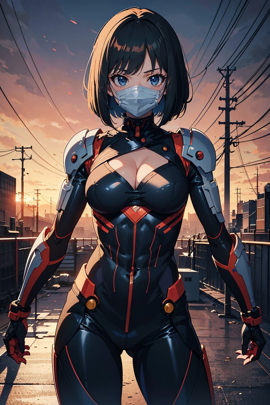 (masterpiece), (anime style, lineart:1.5), best quality, raw photo, 1girl, black hair, bob cut, BREAK, gradient eyes, bodysuit, abs, cleavage, intricate mask, [technology:city], sunset, futuristic, sci-fi, cowboy shot, extremely detailed, (High contrast)