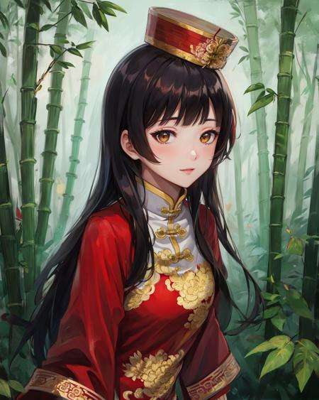 best quality, (masterpiece:1.2), illustration, absurdres,(1girl, solo), (beautiful detailed girl),<lora:DaqiaoDW8:0.9>,  Daqiao, black hair, long hair, brown eyes,red hat, headwear, red dress, chinese clothes, red shoes, (happy:1.1), looking at viewer,in bamboo forest, chinese architecture, stream,((leaning forward)), (upper body, portrait),