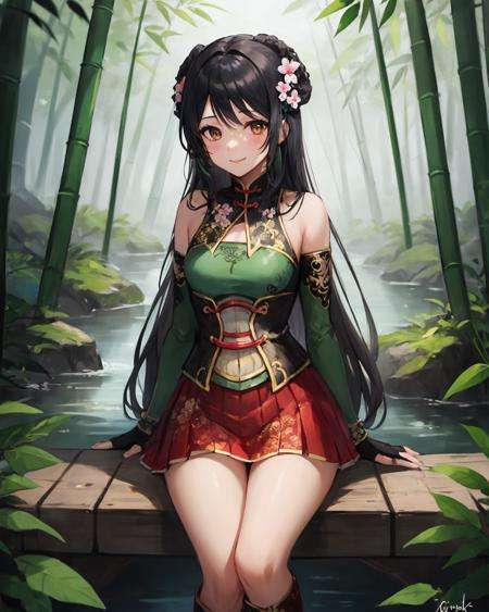 best quality, (masterpiece:1.2), illustration, absurdres,(1girl, solo), (beautiful detailed girl),<lora:GuanYinping-08:0.7>, Guan Yinping, black hair, brown eyes, hair ornament, hair flower, small breasts,green top, bare shoulders, black collar, black corset, red skirt, fingerless gloves, green boots,in bamboo forest, chinese architecture, stream,looking at viewer, confident,  smile,