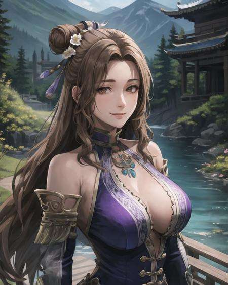 best quality, (masterpiece:1.2), illustration, absurdres,(1girl), (solo), (beautiful detailed girl),<lora:ZhangChunhua-08:0.8>, Zhang Chunhua, long hair, brown hair, single hair bun, hair ornament, jewelry, brown eyes, large breasts,purple dress,  ornate dress, cleavage, bare shoulders, blue legwear, black boots,grassy mountains, trees, chinese architecture, river, plants,, on back, (upper body, portrait),,confident, proud, smile, looking at viewer,