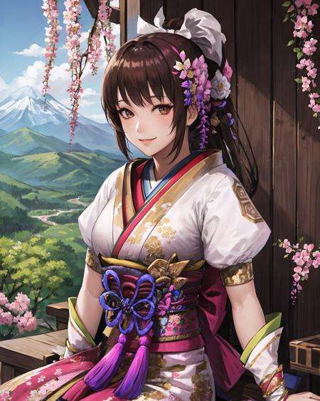 best quality, (masterpiece:1.2), illustration, absurdres, bright colors, vivid colors,(1girl), (solo), (beautiful detailed girl), <lora:OichiSW4-07:0.9>,  Oichi, brown hair, ponytail, hair ornament, brown eyes, medium breasts,pink dress, japanese clothes, long kimono, short sleeves, tabi socks, sandals,magical forest, flowers, distant mountains, sky, clouds,looking at viewer, confident, gentle smile,sitting,  (upper body, portrait),