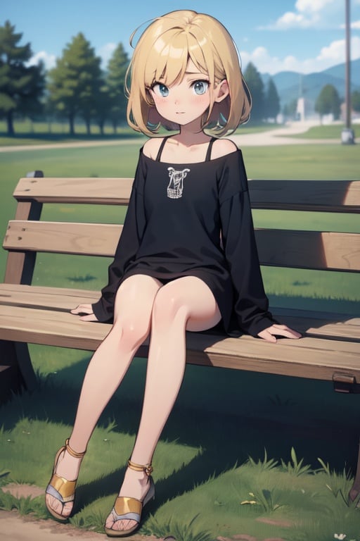 loli, cartoon, amber_eyes, park, masterpiece, casual_clothes, black_hair, original_character