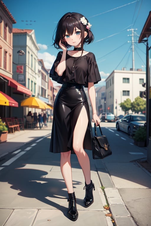 loli, cartoon, amber_eyes, park, masterpiece, casual_clothes, black_hair, original_character