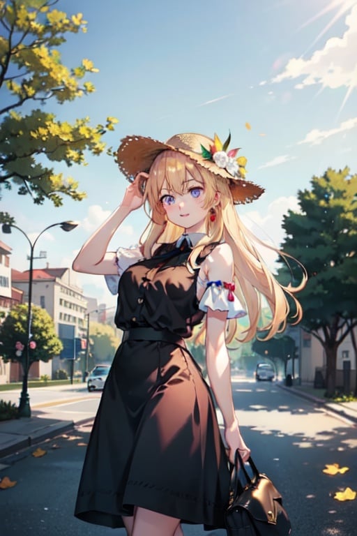 oppai_loli, loli, big_breasts, yellow_dress_with_flowers, straw_hat, park_background, long_hair, blue_eyes,pose