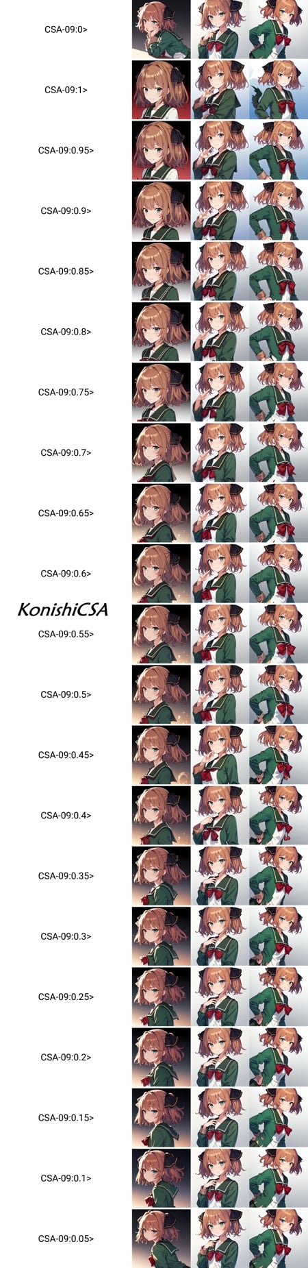 (masterpiece, best quality), KonishiCSA,BREAK, 1girl, solo,BREAK,  HachijouKC, brown hair, black hair ribbon, serafuku, (green jacket, long sleeves), green sailor collar, red neck ribbon, green pleated skirt, white socks, kneehighs, BREAK, portrait, upper body shot, gradient background, simple background,BREAK, <lora:CSA-09:0>, <lora:Hachijou:1>