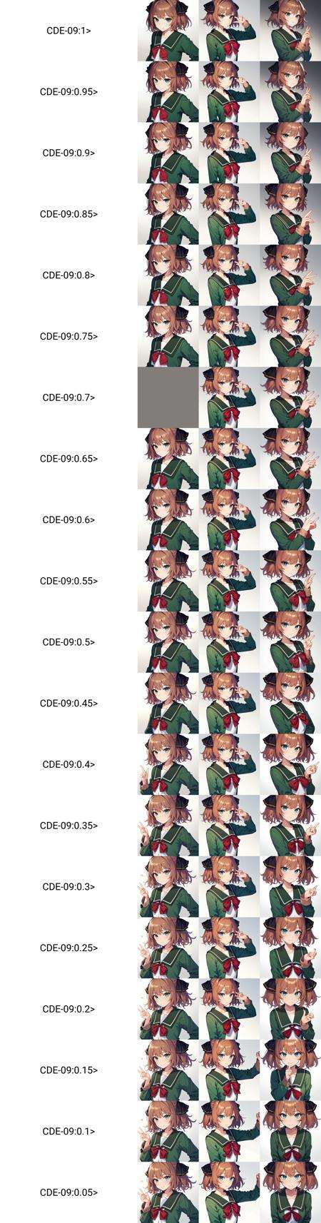 (masterpiece, best quality), BetaCDE,BREAK, 1girl, solo,BREAK,  HachijouKC, brown hair, black hair ribbon, serafuku, (green jacket, long sleeves), green sailor collar, red neck ribbon, green pleated skirt,BREAK,  upper body shot, oblique portrait, gradient background, white background,BREAK, <lora:Hachijou:1>,  <lora:CDE-09:1>