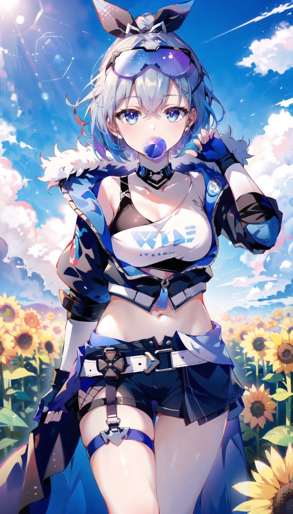 (8k,  best quality,  masterpiece),  (ultra-detailed:1.1),  (high detailed skin),  an extremely delicate and beautiful girl,  dynamic angle,  chromatic aberration,  ((colorful)),  movie,  //,  lens flare,  dramatic,  coastal,  blue eyes,  blue sky,  floatingflying petal,  flowery field,  sky,  sun,  field,  sunflower,  //,  (strong rim light:1.2),  god light,  Tyndall effect,  bloom,  glowing,  (lens flare, ray tracing:1.2),  depth of field,  blurry foreground,  best quality,  1girl,  standing,  (The light shone on her:1.2),  skinny,  yinlang,  bronya zaychik,  eyewear on head,  grey eyes,  grey hair,  long hair,  drill hair,  gloves,  bubble blowing,  jacket,  shorts,  chewing gum, fingerless gloves,  navel,  mesh socks, ,  (detail fingers),  (one hand with no more than 5 fingers),  (beautiful_face),  ((intricate_detail)),  (revealing clothes:1.2),  ((finely_detailed)),  fine_fabric_emphasis,  ((glossy)),  , yinlang, littlefat, big breast, wangqihuiyilu, <lora:EMS-12992-EMS:0.900000>, , <lora:EMS-30781-EMS:0.700000>, , <lora:EMS-14220-EMS:1.200000>