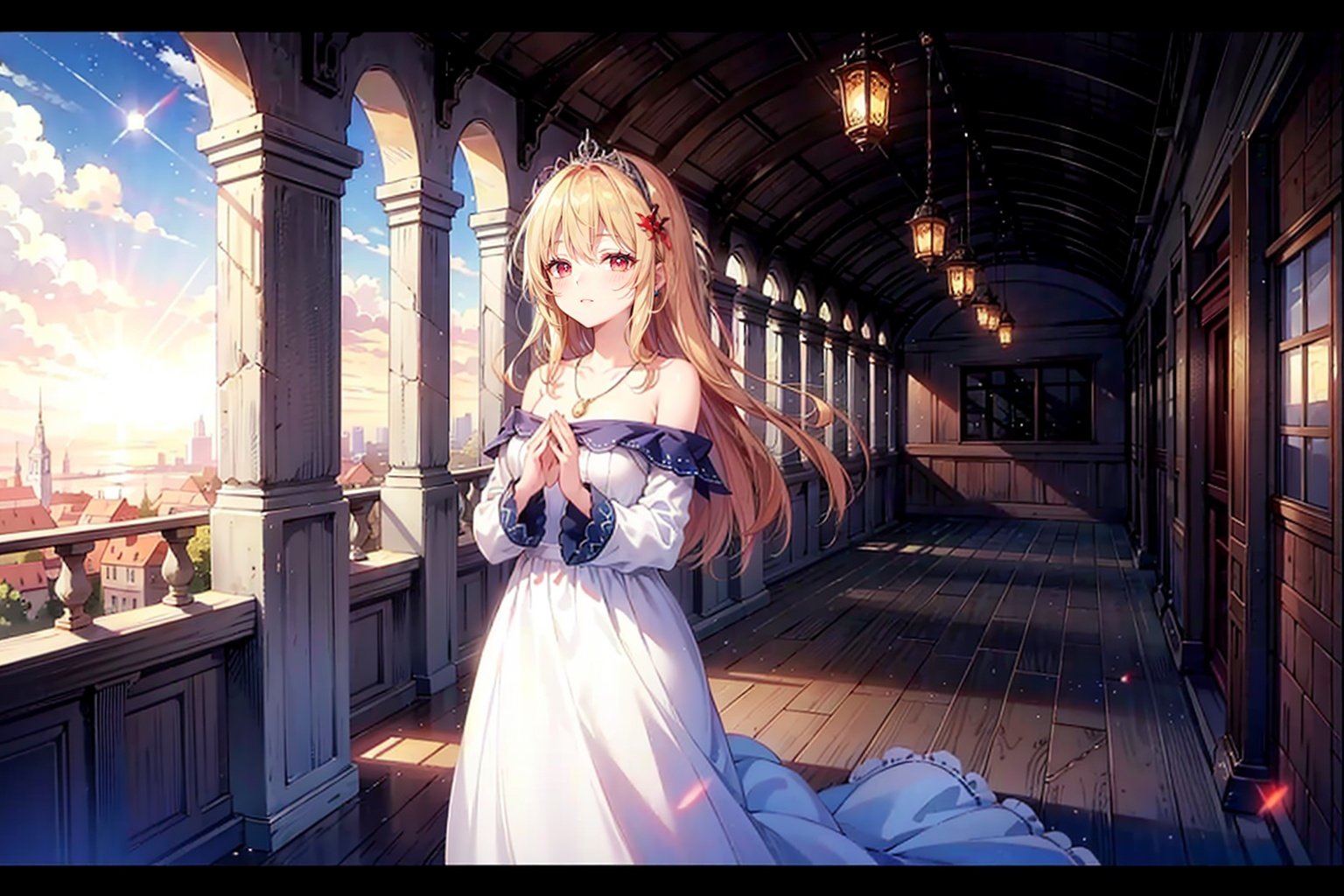 wide shot,  (depth of field),  illumination, soft shadows, grand scene, backlight,  lens flare,  ((colorful refraction)),  ((cinematic lighting)),  (standing on the balcony),  evening,  sunlight,  skyline,  ancient house, medieval, blonde hair,  long hair,  messy hair,  closed eyes,  red, eyes,  praying,  princess, crown,  white dress, red gemstone necklace,  red eyes,  **ile,  bare shoulder,  mid shot,  upper bodyblurry background,  blurry, <lora:EMS-30781-EMS:0.600000>, , <lora:EMS-27163-EMS:0.400000>