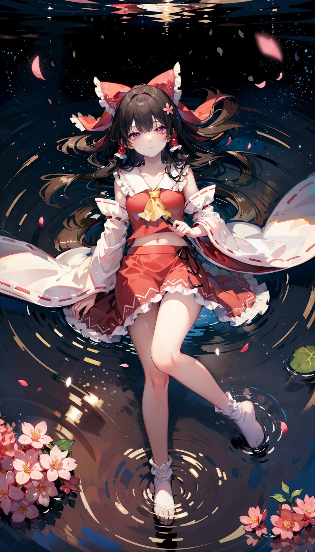 masterpiece, ultra detailed,((from above ,socks, lying, underwater, floating hair, starry sky reflection, floating sakura petals, rippling)),[half closed eyes],(pink eyes),(high contrast:0.8),1girl,solo, hakurei_reimu, hair_tubes, detached_sleeves, solo, bow, long_hair, frills, ribbon_trim, red_bow, hair_bow, ribbon-trimmed_sleeves, wide_sleeves, red_skirt, skirt, looking_at_viewer, ascot, stairs, frilled_bow, black_hair,<lora:水润RenalithV4（改）:0.6>,<lora:博丽灵梦:0.9> <lora:n,eg4all_bdsqlsz_V3.5:1.2> 