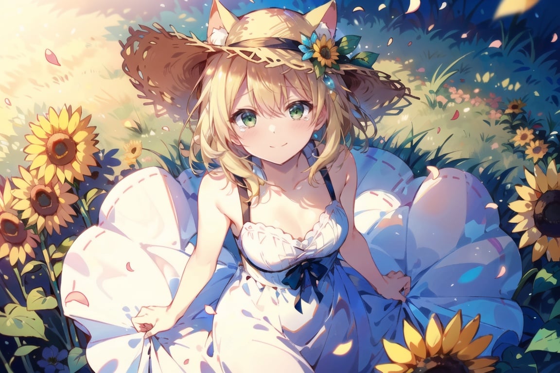 (from above),(Looking up:1.5),sunflower,Straw hat,white dress,Standing on grass,flower,green eyes,((tear ,petal,falling petals,cat ears,smile,stand, blonde hair)),(looking at viewer),<lora:水润RenalithV4（改）:0.8>,<lora:neg4all_bdsqlsz_V3.5:1.2>, <lora:add_detail:0.3>