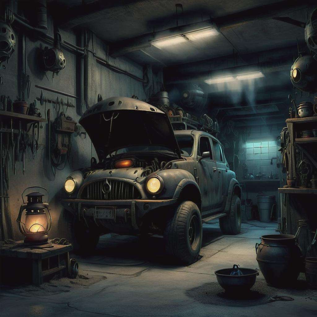 dark, eerie,Hovering Vehicle Repair Garage, Blankets/Comforters,Pots and Pans,Valuable Artwork, Travertine stone, Gas Lanterns, Rim Lighting, cyberpunk, sci-fi, detailed, <lora:DonMn1ghtm4reXL:0.8>