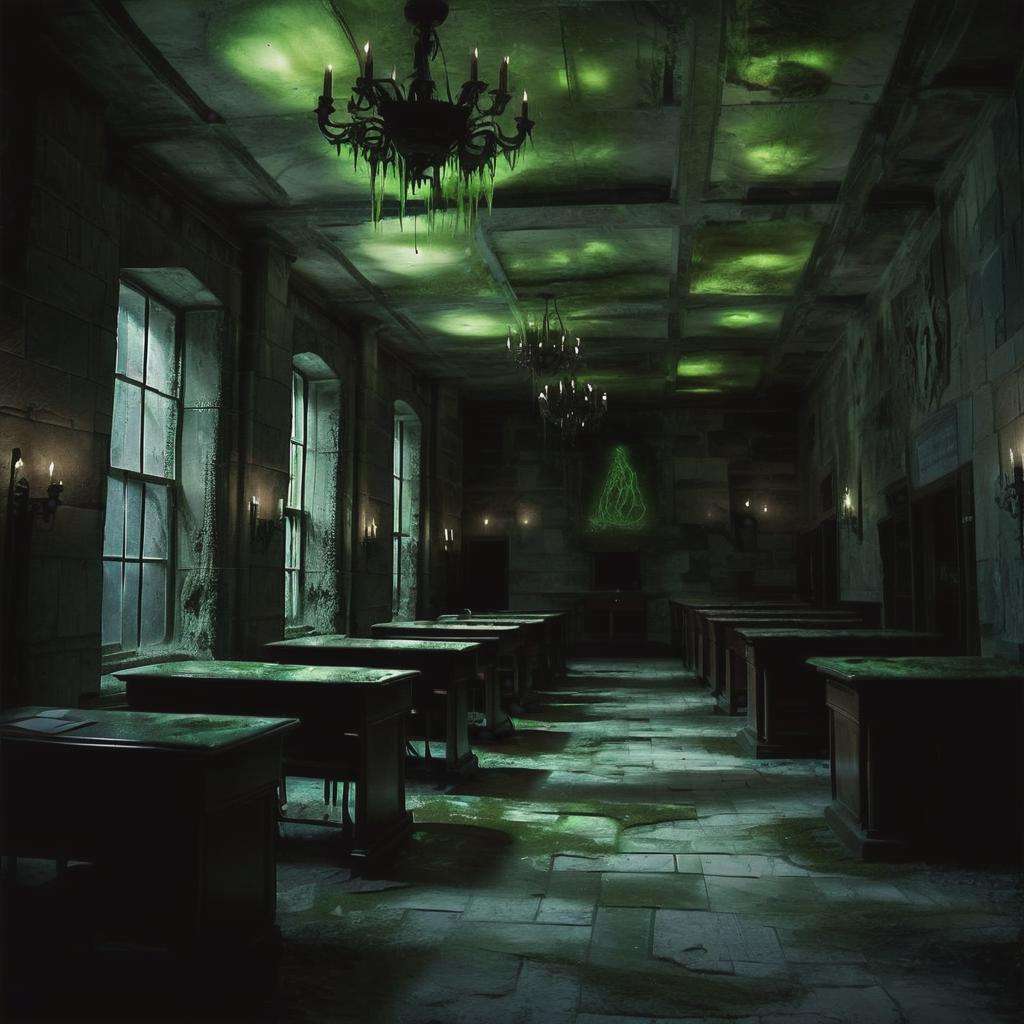 dark, eerie,Schools, Travertine stone, Bio-luminescent Algae, Uplighting, detailed, <lora:DonMn1ghtm4reXL:0.8>