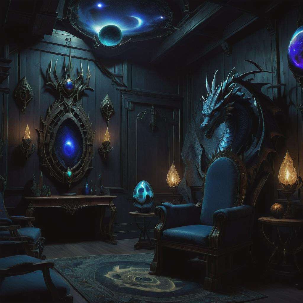 dark, eerie,Astroecology Research Habitat, Jeweled Crown,Dragon Egg,Chairs,Magic Rings, Warp Interlock tapestry and Lapis Lazuli, Wall Sconces, Ambient Lighting, Spacepunk, sci-fi, detailed, <lora:DonMn1ghtm4reXL:0.8>