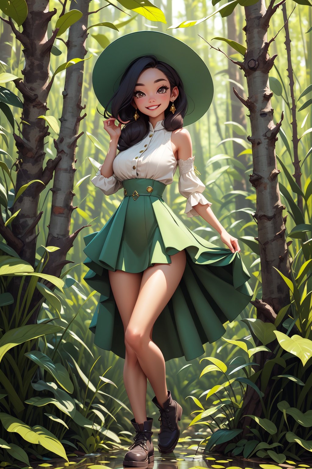 smile of beautiful lady, highly detailed face, full body, Layered Mini Crossover green Skirts With Flap Dress, sexy hat, yoga pose, forest background,
