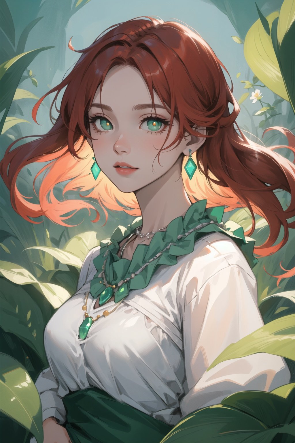 detailed face, beatiful lady, flower dress, colorful, green theme, full body image, platinum earrings, necklace, cute, dynamic lighting, cinematic lighting, delicate facial features, detailed eyes, green eyes, long red hair, realistic pupils, 8k ultra hd, super realastic,