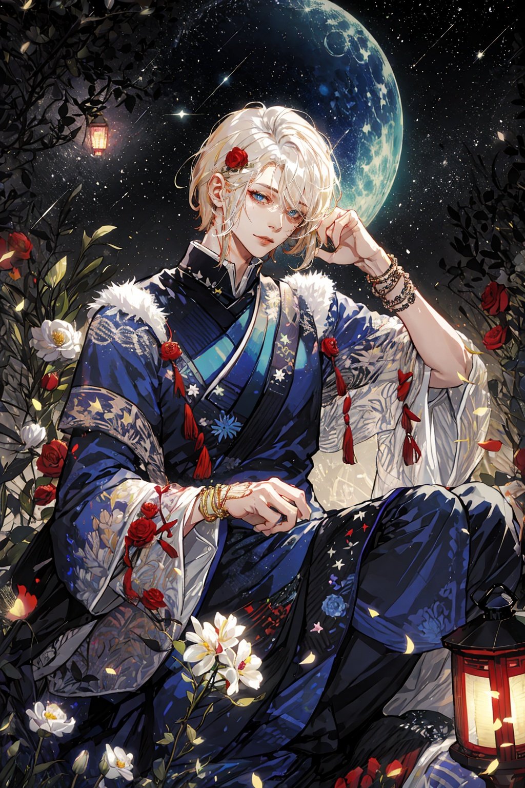 a man with blonde hair,  hair and a blue dress sitting on a flower covered ground with a lantern in the background, amano, beautiful detailed, a character portrait, aestheticism,1boy, animal_ears, bell, bracelet, camellia, flower, fur_trim, jewelry, lantern, looking_at_viewer, male_focus, moon, night, night_sky, red_flower, red_rose, rose, short_hair, sky, solo, star_\(sky\), starry_sky, white_hair, wreath.