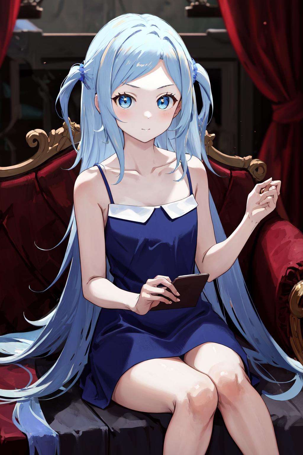 masterpiece, best quality, highres, 1girl, blue dress sleeveless dress bare shoulders <lora:tomo_kunagisa_blue_dress:1> sitting