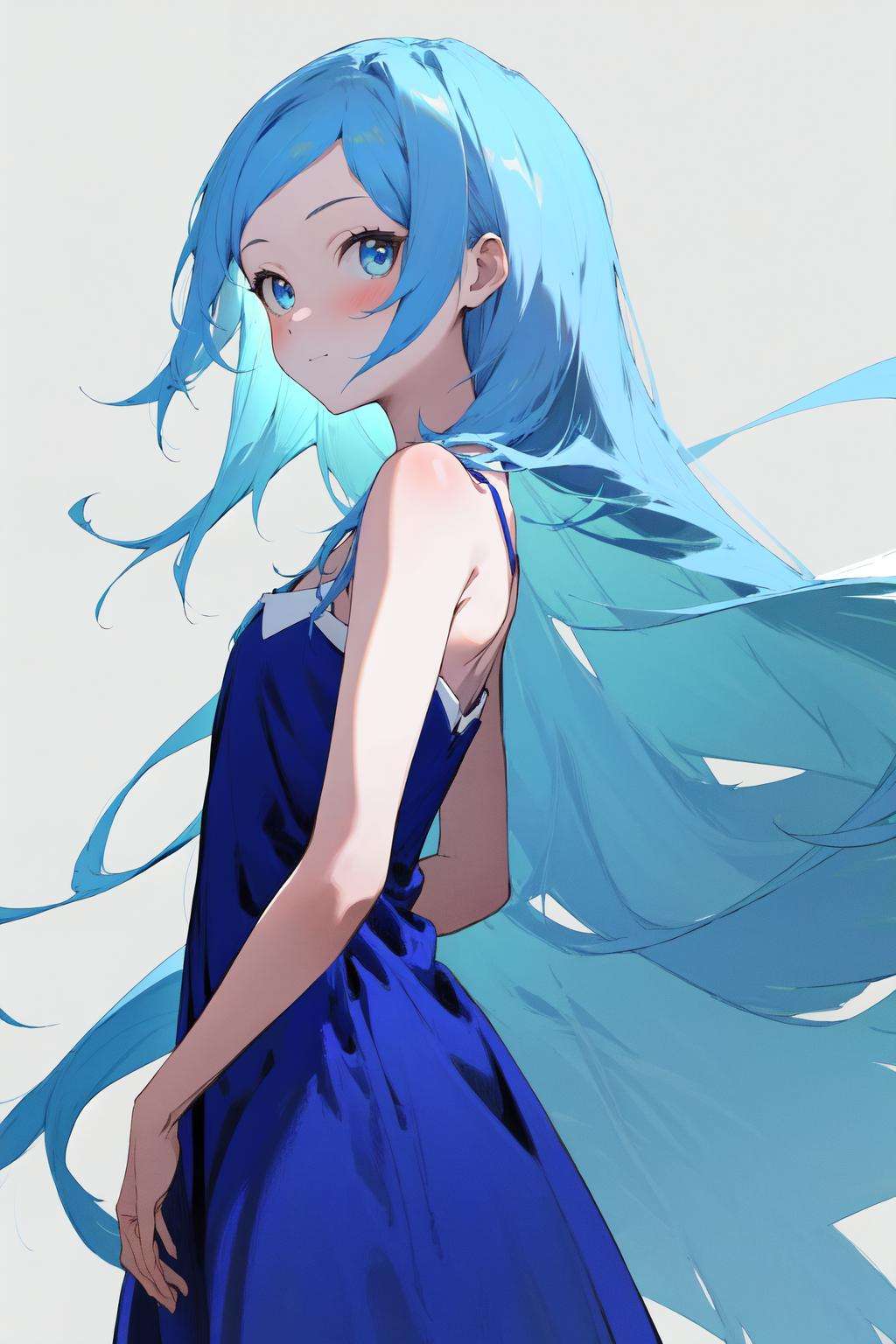 masterpiece, best quality, highres, 1girl, blue dress sleeveless dress bare shoulders <lora:tomo_kunagisa_blue_dress:1> from side, looking at viewer