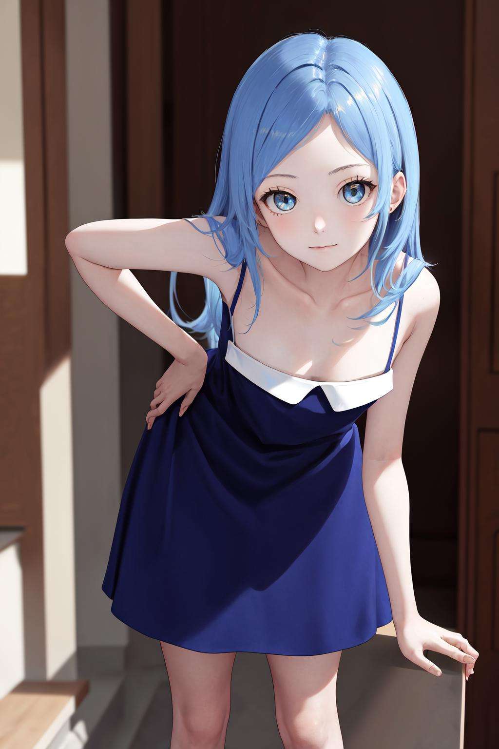 masterpiece, best quality, highres, 1girl, blue dress sleeveless dress bare shoulders <lora:tomo_kunagisa_blue_dress:1> arms behind back, leaning forward