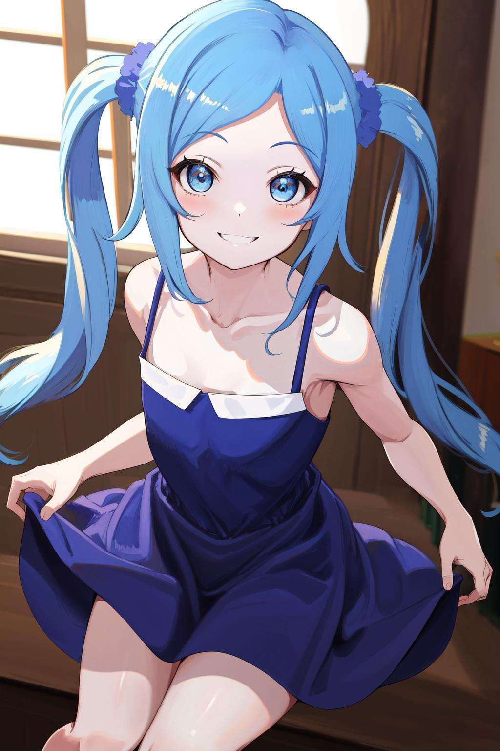 masterpiece, best quality, highres, 1girl twintails, blue dress sleeveless dress bare shoulders <lora:tomo_kunagisa_blue_dress:1> smile