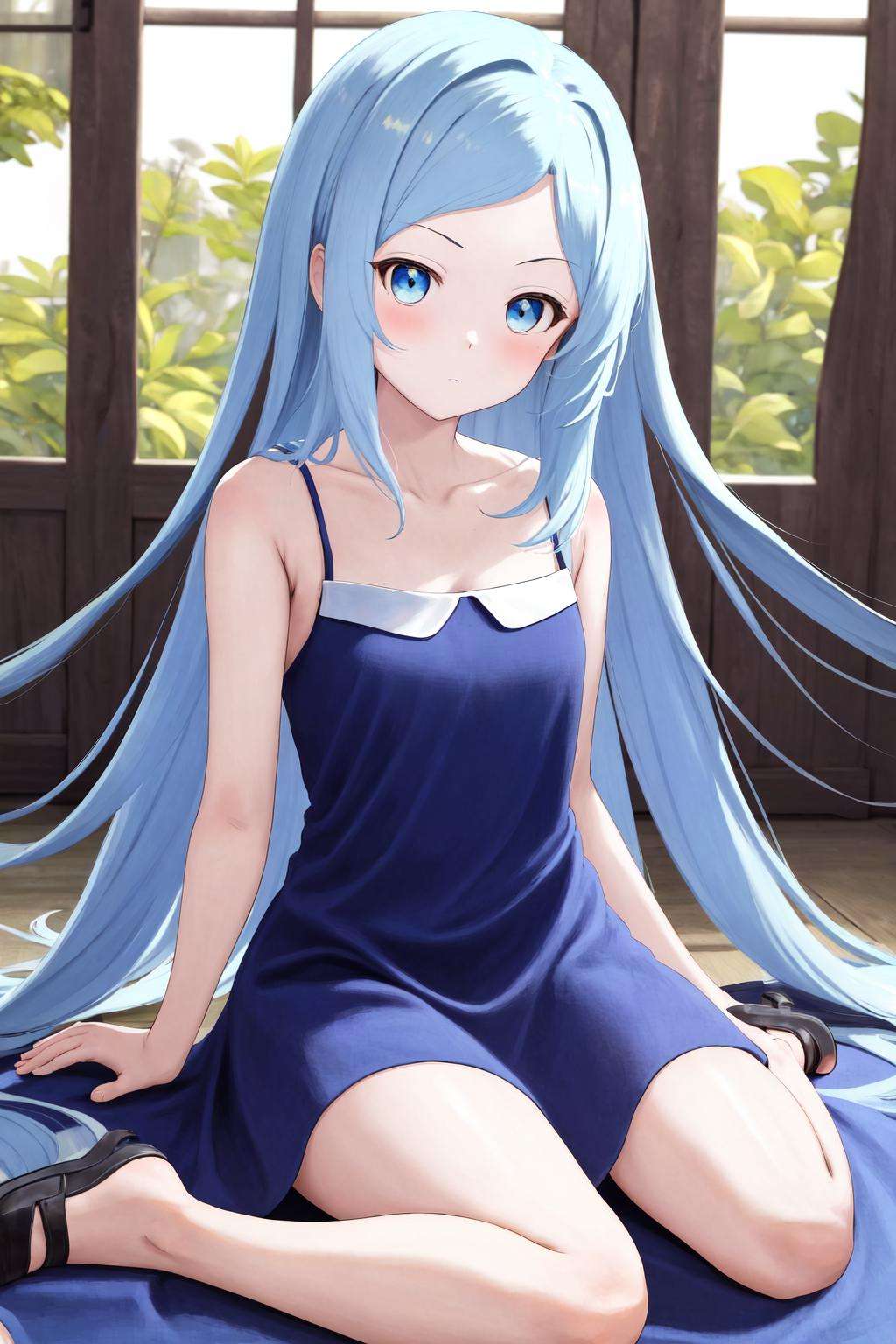 masterpiece, best quality, highres, 1girl, blue dress sleeveless dress bare shoulders <lora:tomo_kunagisa_blue_dress:1> sitting, wariza, arm support