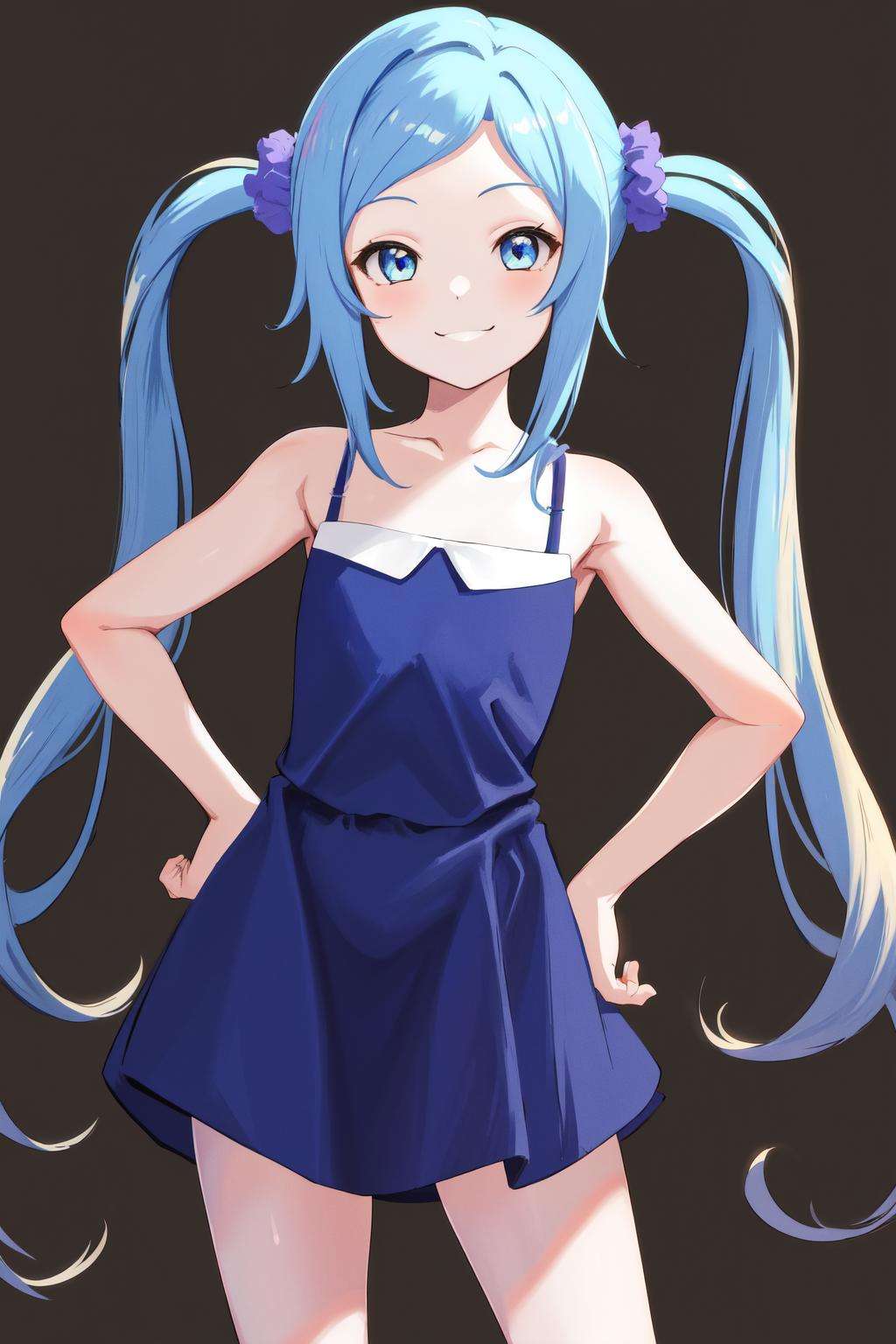 masterpiece, best quality, highres, 1girl twintails, blue dress sleeveless dress bare shoulders <lora:tomo_kunagisa_blue_dress:1> hand on hip, smile, simple background