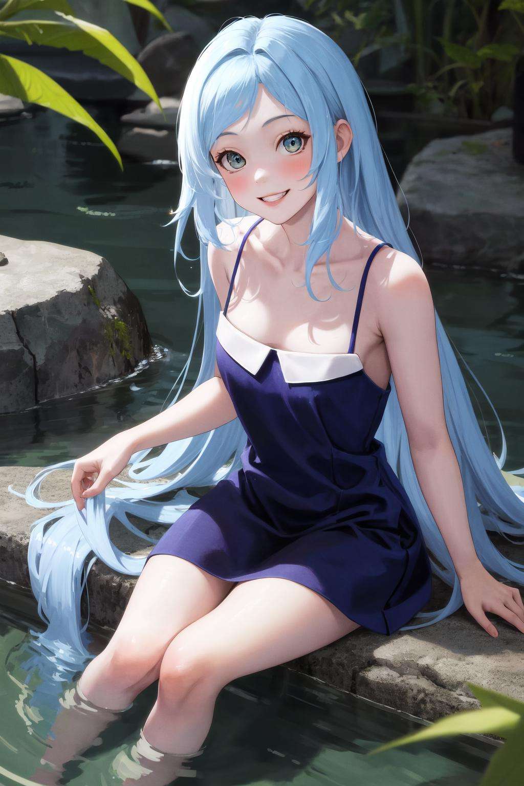 masterpiece, best quality, highres, 1girl, blue dress sleeveless dress bare shoulders <lora:tomo_kunagisa_blue_dress:1> sitting, wading, smile