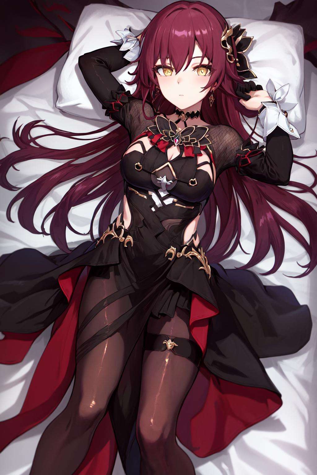 masterpiece, best quality, highres, 1girl hair ornament earrings, black dress jewelry single glove black gloves long sleeves pantyhose choker <lora:eden:1> lying on back, bed sheet, arms up