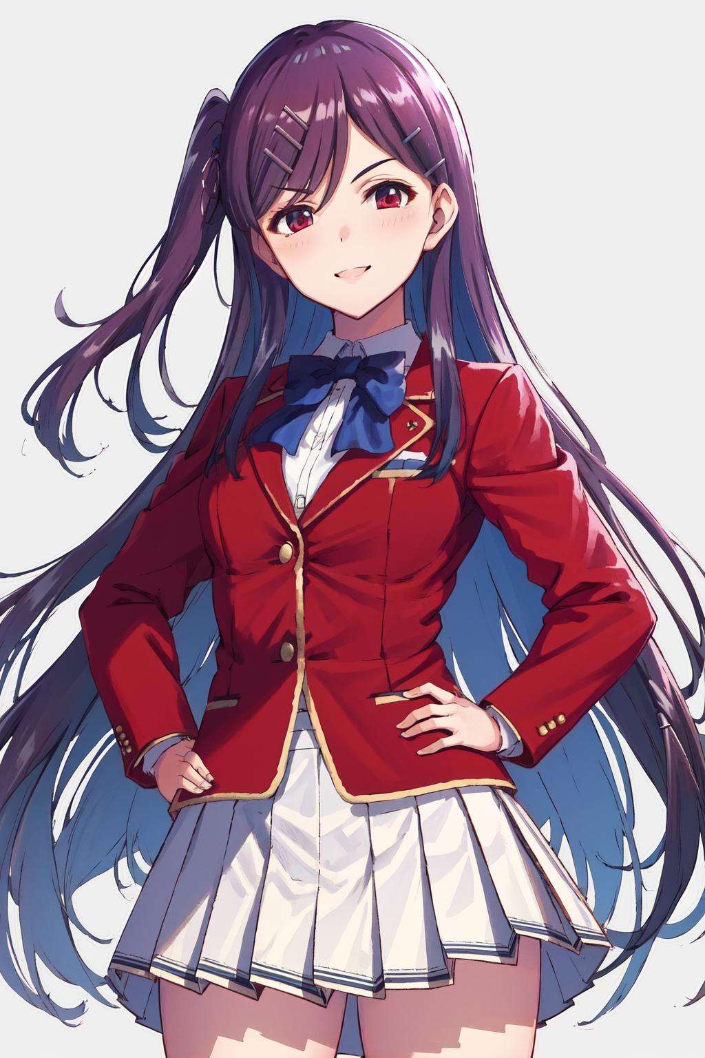 masterpiece, best quality, highres, 1girl kamuro masumi, hair clip red jacket blue bowtie white skirt blazer <lora:kamuro_masumi:1> standing, hand on hip, smile