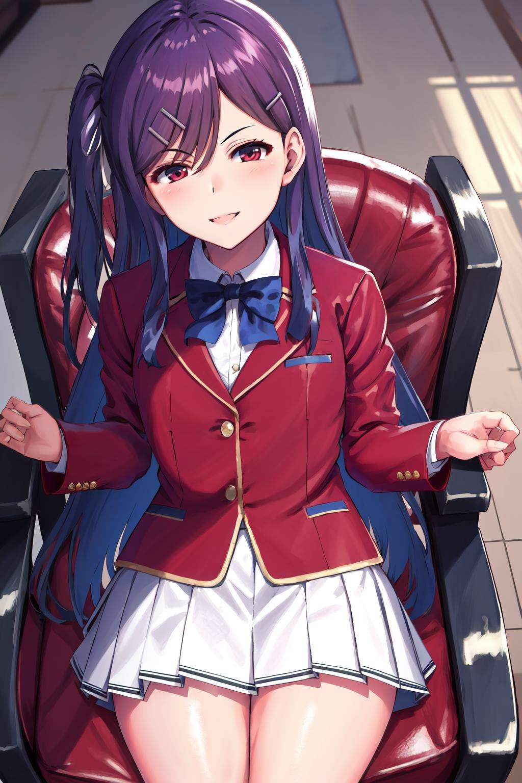 masterpiece, best quality, highres, 1girl kamuro masumi, hair clip red jacket blue bowtie white skirt blazer <lora:kamuro_masumi:1> sitting on chair, smile