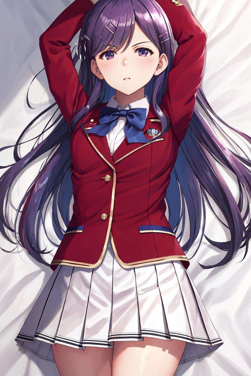 masterpiece, best quality, highres, 1girl kamuro masumi, hair clip red jacket blue bowtie white skirt blazer <lora:kamuro_masumi:1> lying on back, bed sheet, arms up