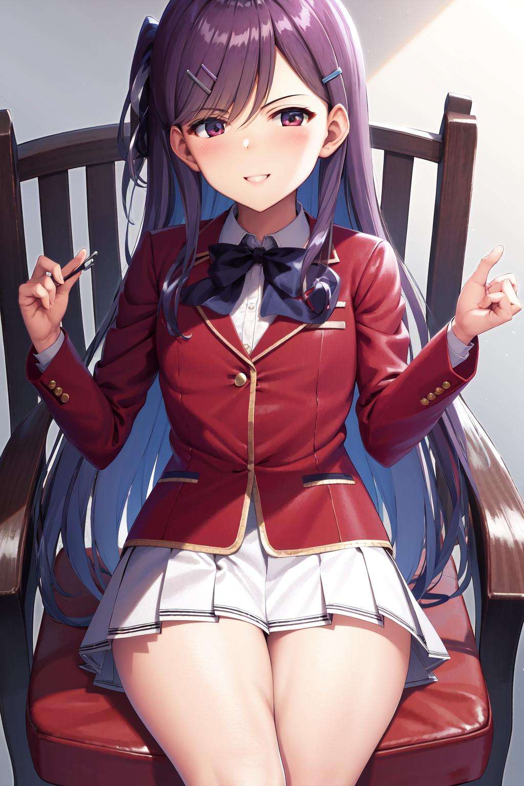 masterpiece, best quality, highres, 1girl kamuro masumi, hair clip red jacket blue bowtie white skirt blazer <lora:kamuro_masumi:1> sitting on chair crossed legs, smile 