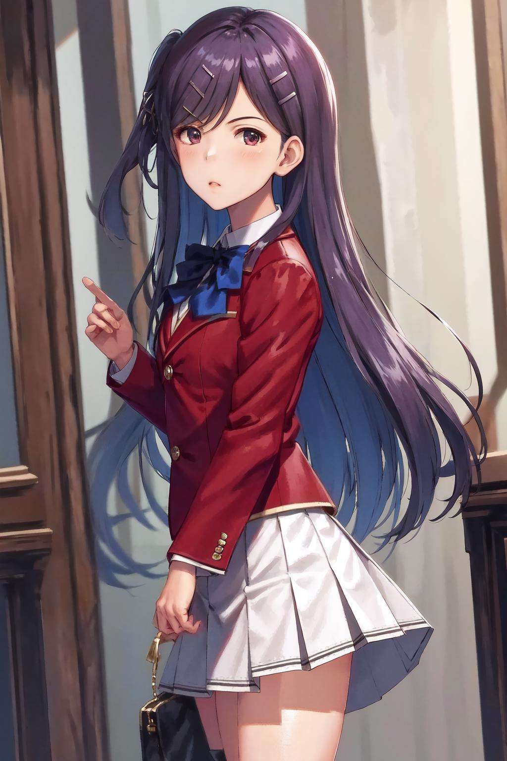 masterpiece, best quality, highres, 1girl kamuro masumi, hair clip red jacket blue bowtie white skirt blazer <lora:kamuro_masumi:1> standing, from side, looking at viewer