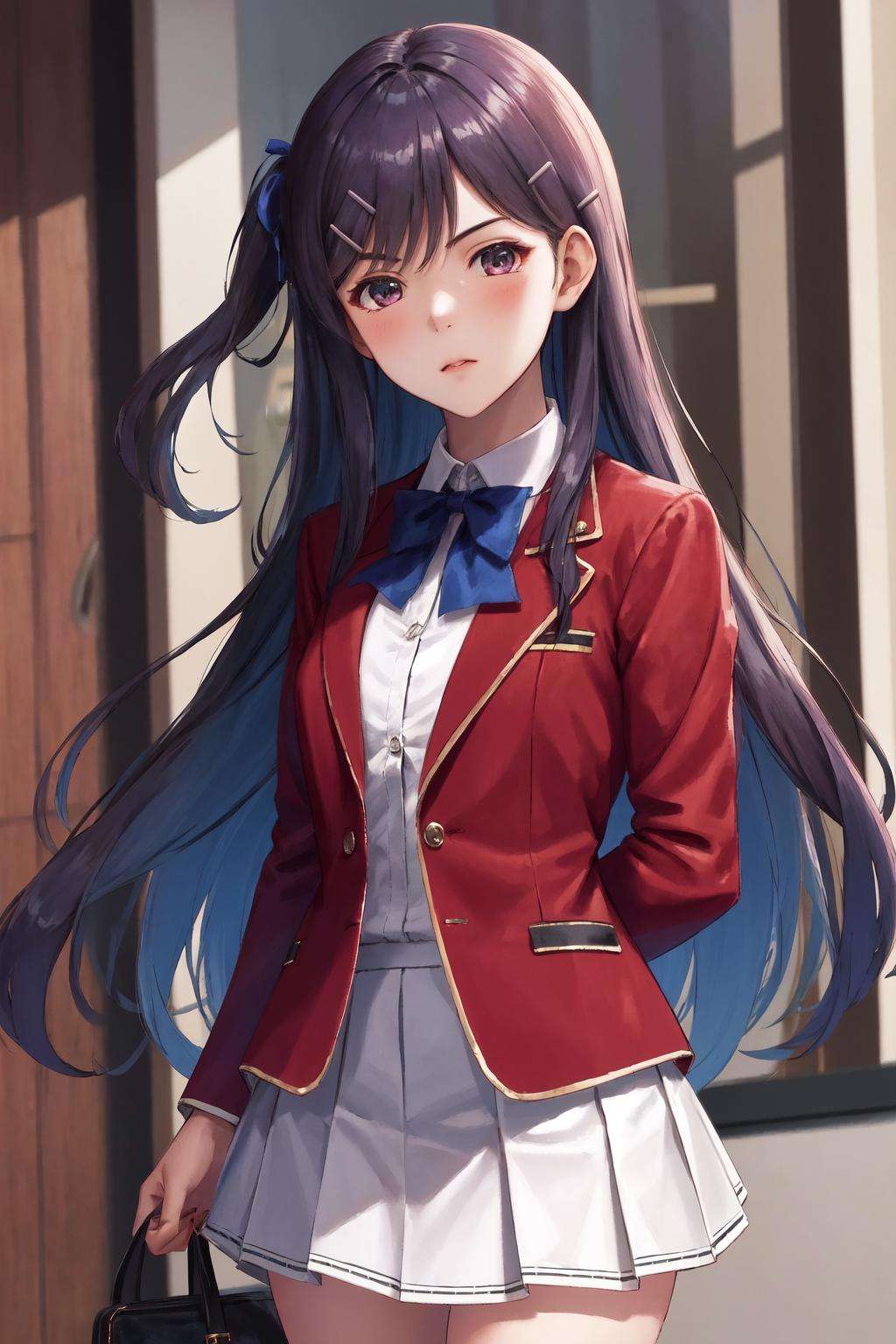 masterpiece, best quality, highres, 1girl kamuro masumi, hair clip red jacket blue bowtie white skirt blazer <lora:kamuro_masumi:0.8> standing