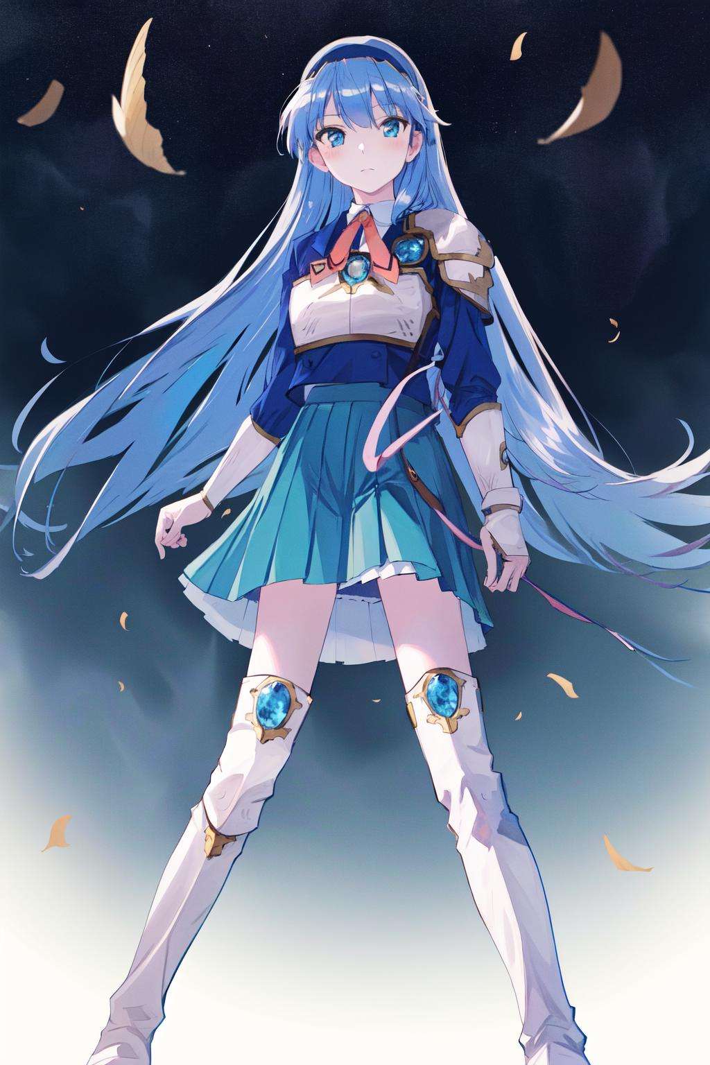 masterpiece, best quality, highres, 1girl umi ryuuzaki hairband, armor shoulder armor blue skirt, knee boots <lora:umi_ryuuzaki_shoulder_armor:1> from below