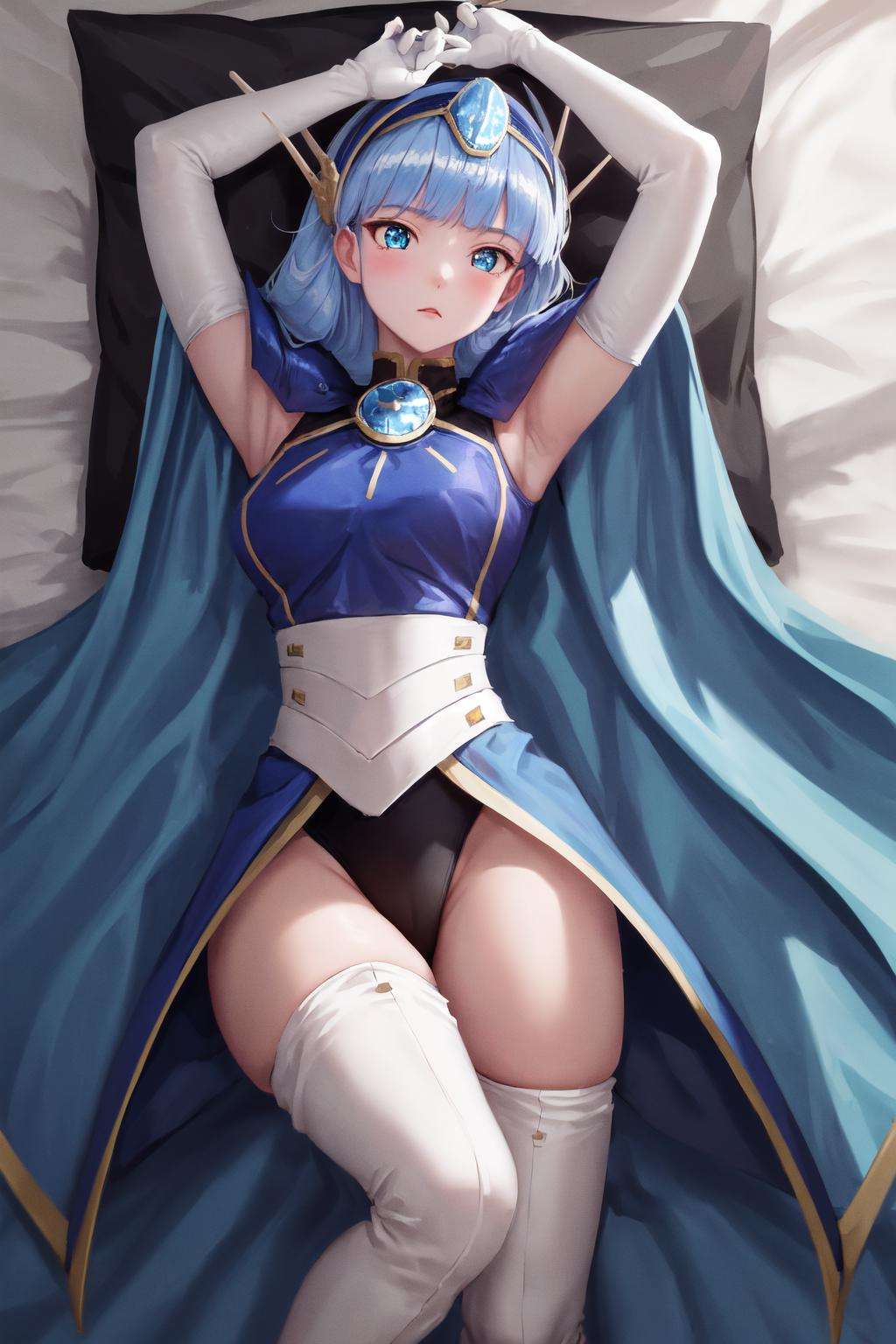 masterpiece, best quality, highres, 1girl umi ryuuzaki hairband headgear, blue armor shoulder armor blue cape elbow gloves leotard white thighhighs <lora:umi_ryuuzaki_full_armor:1> lying on back, bed sheet, arms up